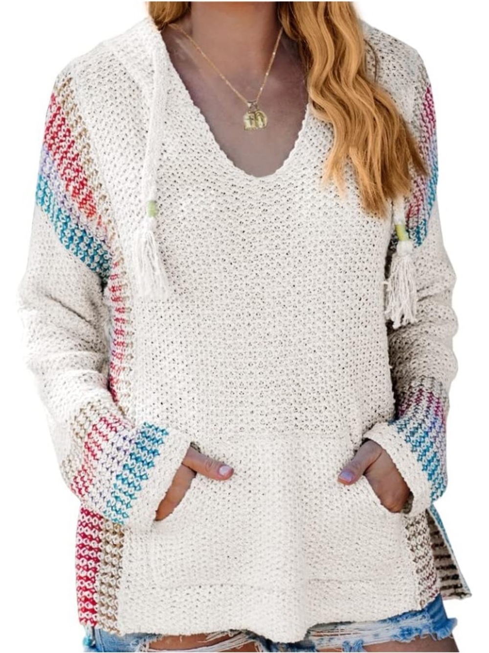 Vintage Havana NWOT Cream Crochet Hoodie Sweater with Rainbow Accent